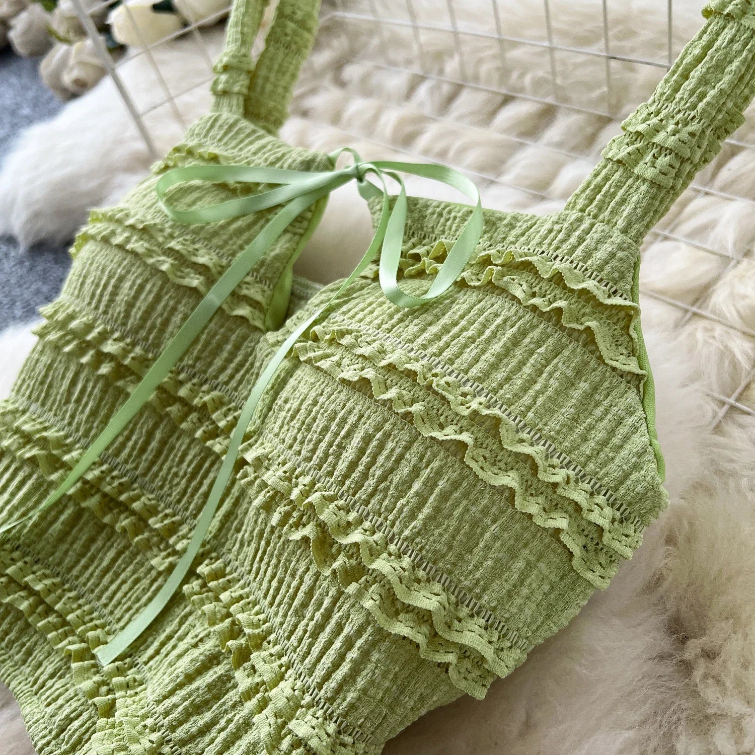 Summer Vacation 2pcs Set Women Lace Up Square Collar Crop Top and Ruched Ruffle Skirt Solid Color Gentle Casual Outfit