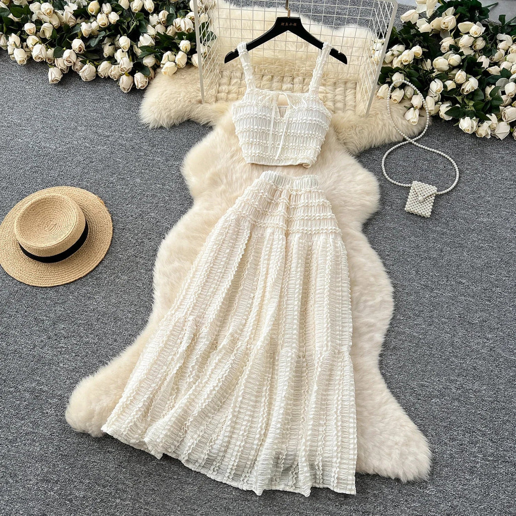 Summer Vacation 2pcs Set Women Lace Up Square Collar Crop Top and Ruched Ruffle Skirt Solid Color Gentle Casual Outfit
