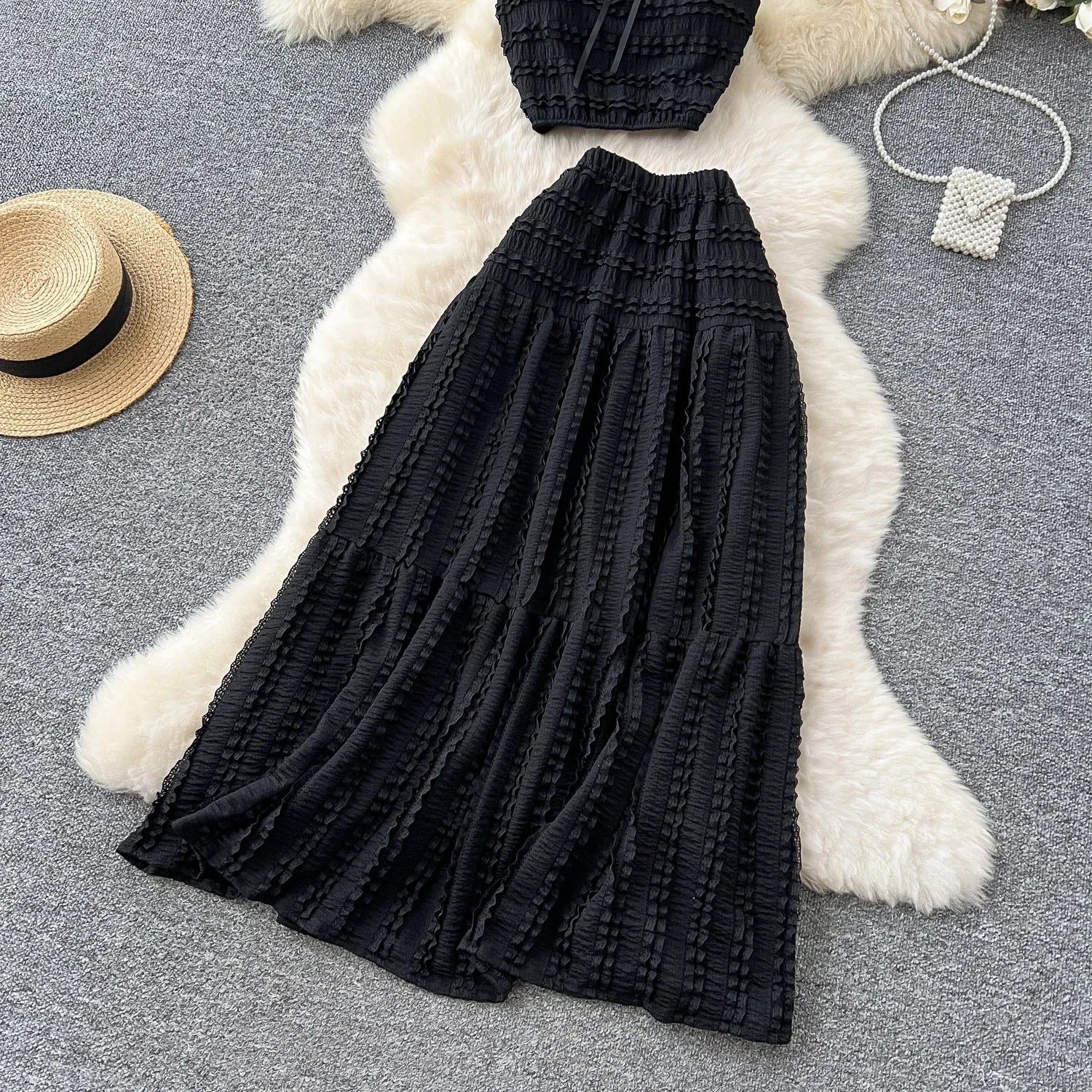 Summer Vacation 2pcs Set Women Lace Up Square Collar Crop Top and Ruched Ruffle Skirt Solid Color Gentle Casual Outfit