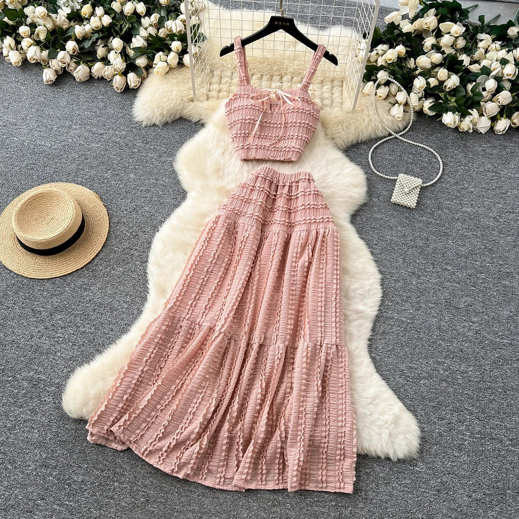 Summer Vacation 2pcs Set Women Lace Up Square Collar Crop Top and Ruched Ruffle Skirt Solid Color Gentle Casual Outfit