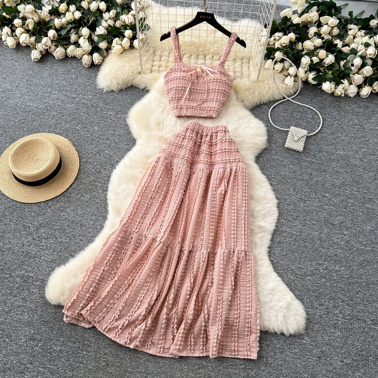 Summer Vacation 2pcs Set Women Lace Up Square Collar Crop Top and Ruched Ruffle Skirt Solid Color Gentle Casual Outfit