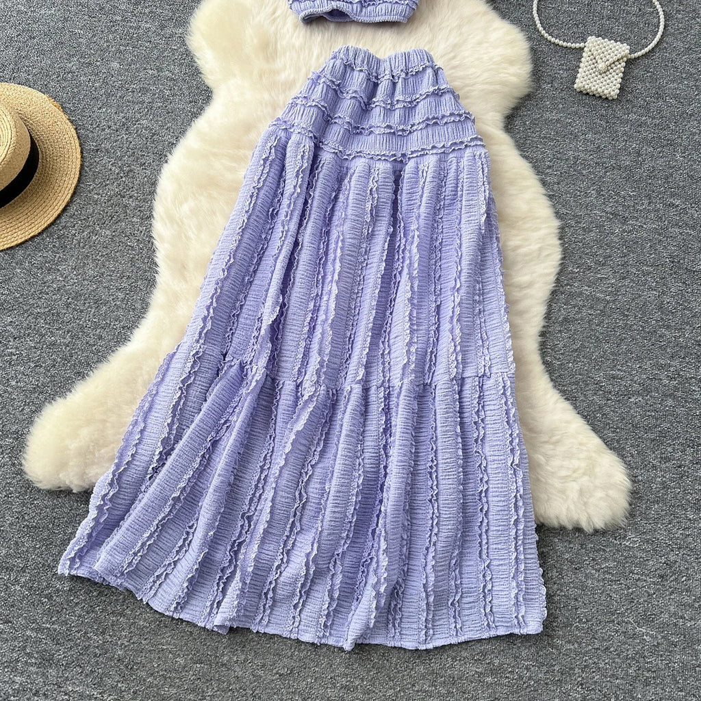 Summer Vacation 2pcs Set Women Lace Up Square Collar Crop Top and Ruched Ruffle Skirt Solid Color Gentle Casual Outfit