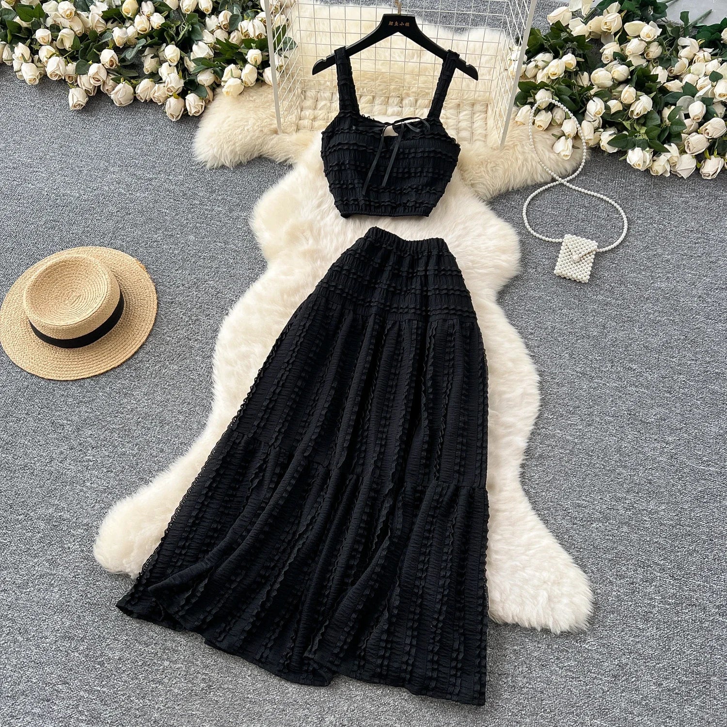 Summer Vacation 2pcs Set Women Lace Up Square Collar Crop Top and Ruched Ruffle Skirt Solid Color Gentle Casual Outfit