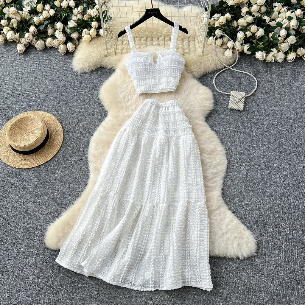 Summer Vacation 2pcs Set Women Lace Up Square Collar Crop Top and Ruched Ruffle Skirt Solid Color Gentle Casual Outfit