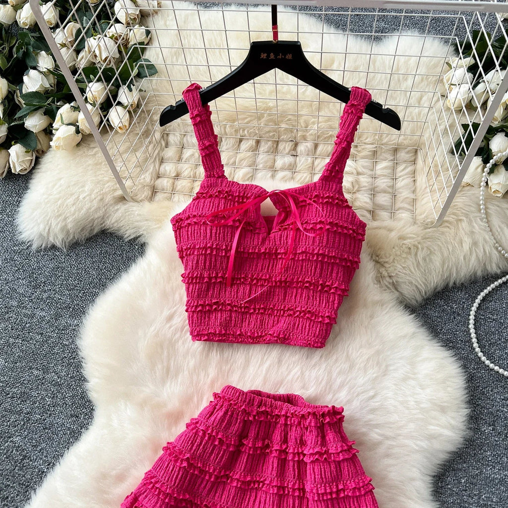 Summer Vacation 2pcs Set Women Lace Up Square Collar Crop Top and Ruched Ruffle Skirt Solid Color Gentle Casual Outfit