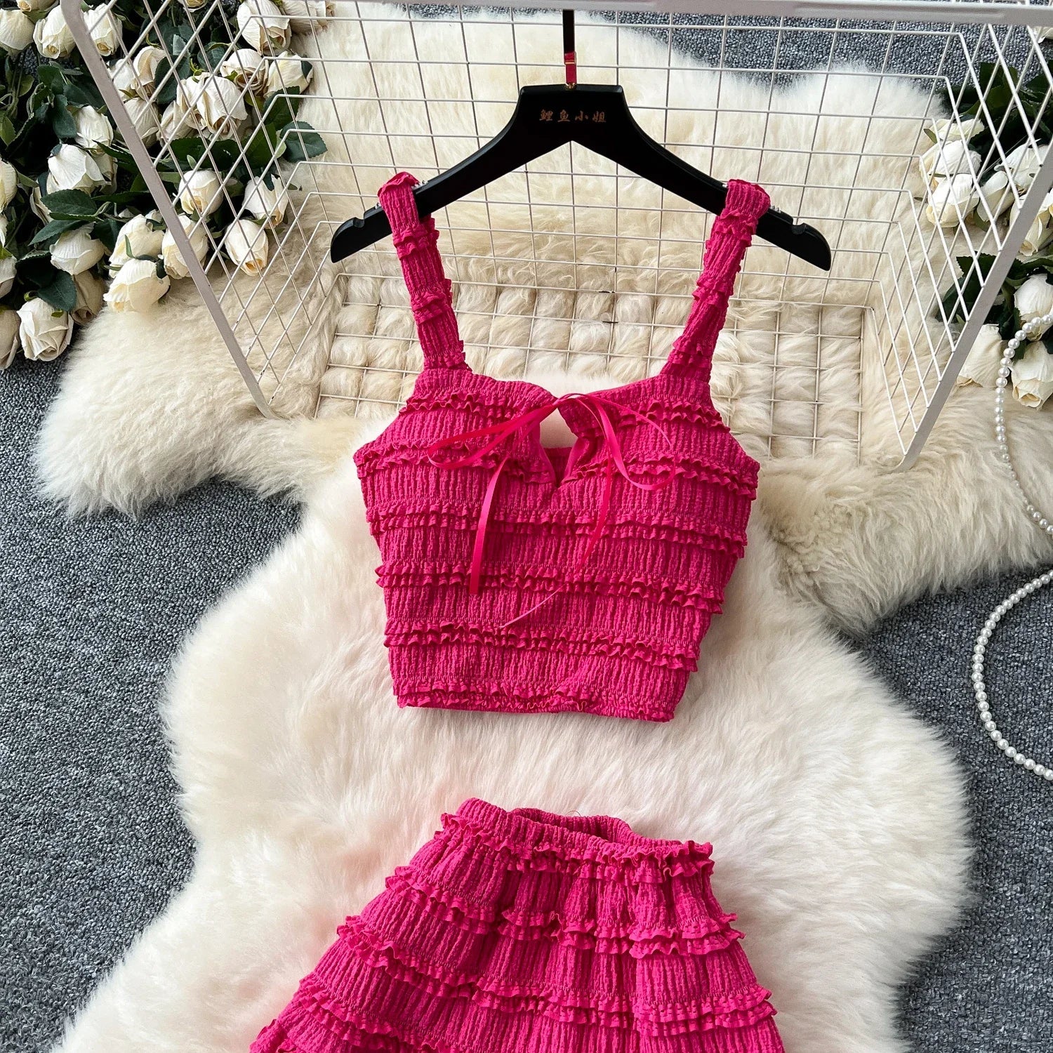 Summer Vacation 2pcs Set Women Lace Up Square Collar Crop Top and Ruched Ruffle Skirt Solid Color Gentle Casual Outfit