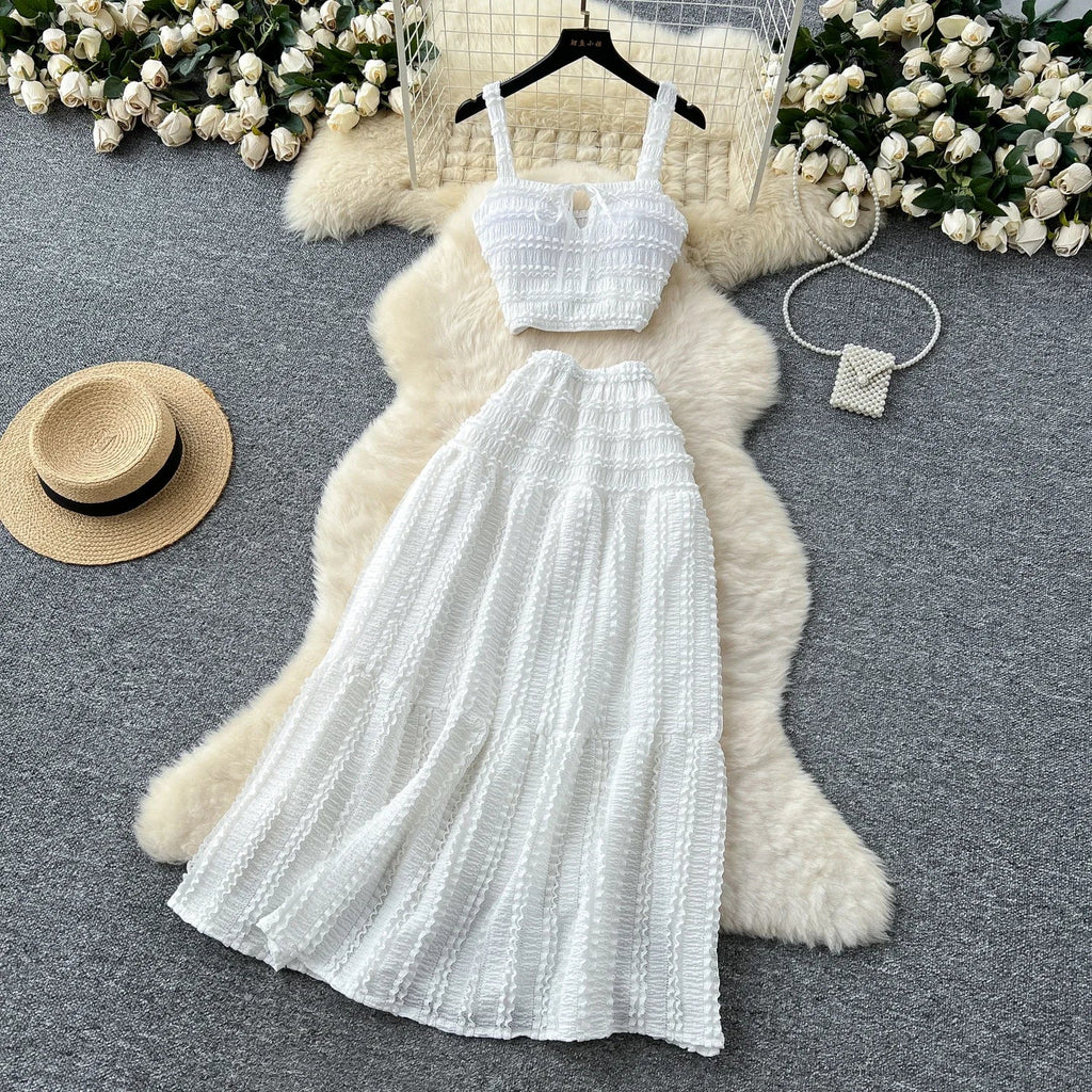 Summer Vacation 2pcs Set Women Lace Up Square Collar Crop Top and Ruched Ruffle Skirt Solid Color Gentle Casual Outfit