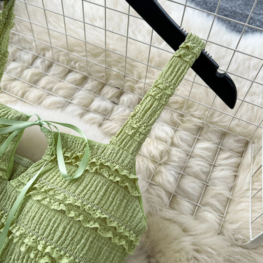 Summer Vacation 2pcs Set Women Lace Up Square Collar Crop Top and Ruched Ruffle Skirt Solid Color Gentle Casual Outfit