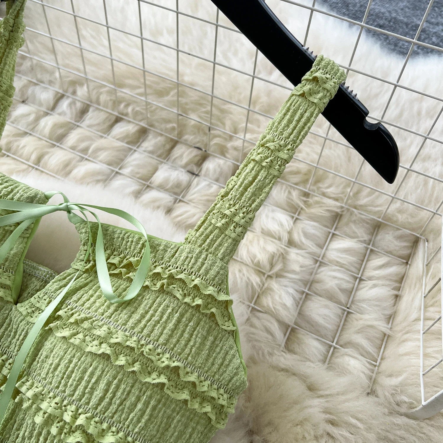 Summer Vacation 2pcs Set Women Lace Up Square Collar Crop Top and Ruched Ruffle Skirt Solid Color Gentle Casual Outfit