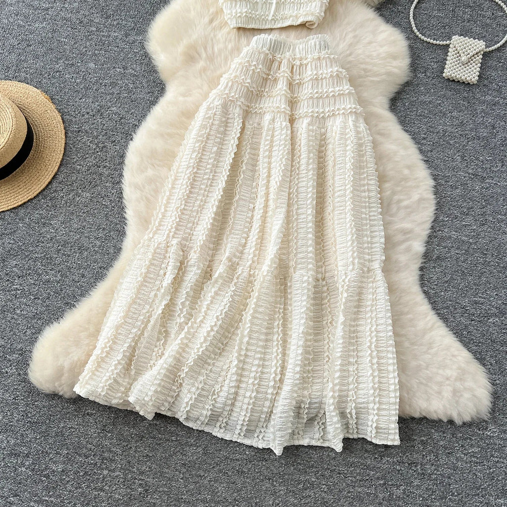 Summer Vacation 2pcs Set Women Lace Up Square Collar Crop Top and Ruched Ruffle Skirt Solid Color Gentle Casual Outfit