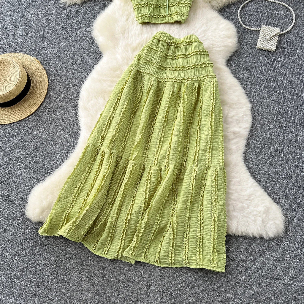 Summer Vacation 2pcs Set Women Lace Up Square Collar Crop Top and Ruched Ruffle Skirt Solid Color Gentle Casual Outfit