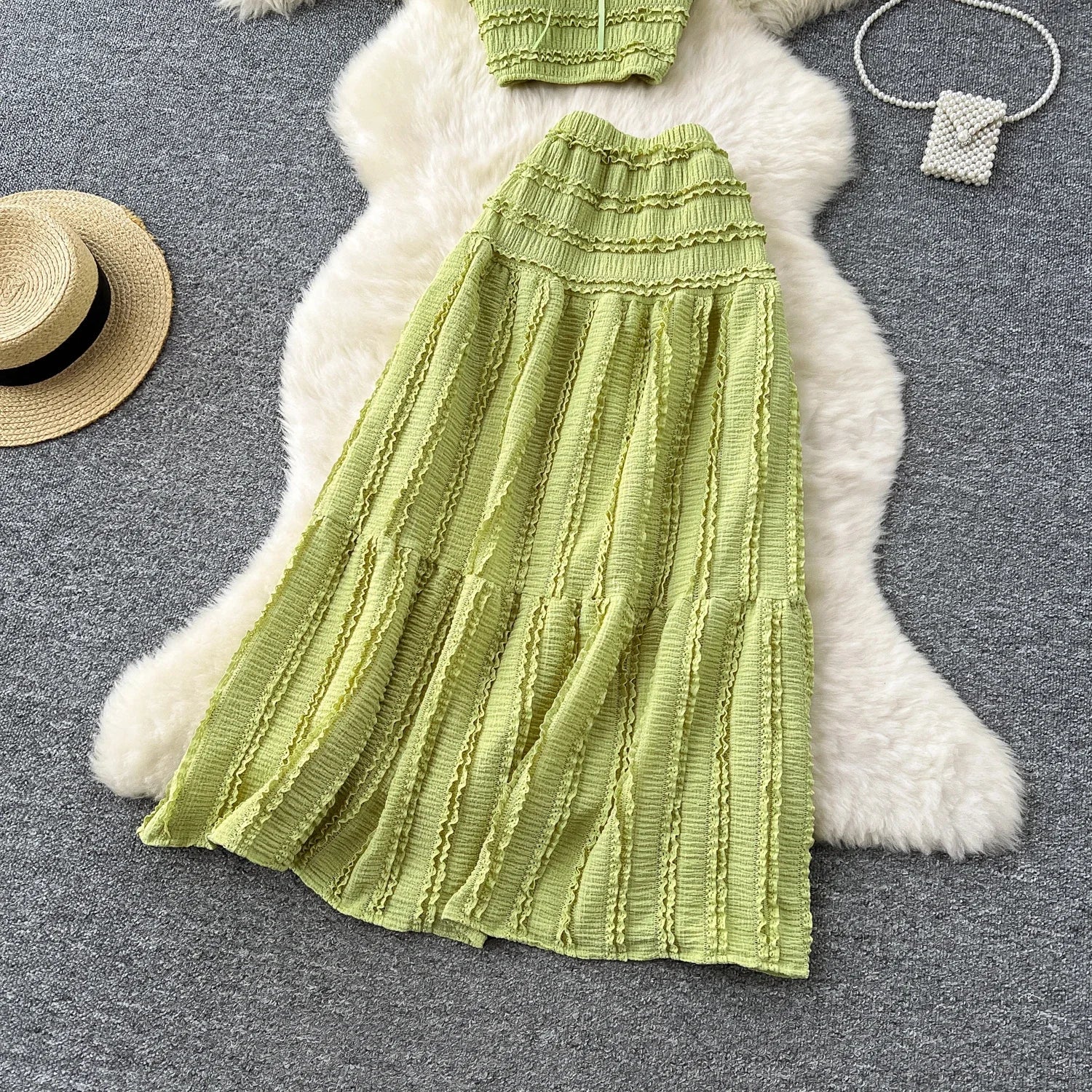 Summer Vacation 2pcs Set Women Lace Up Square Collar Crop Top and Ruched Ruffle Skirt Solid Color Gentle Casual Outfit
