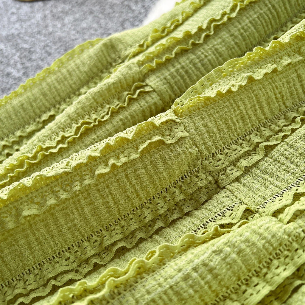 Summer Vacation 2pcs Set Women Lace Up Square Collar Crop Top and Ruched Ruffle Skirt Solid Color Gentle Casual Outfit