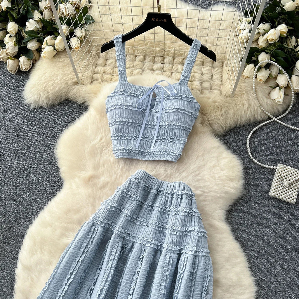 Summer Vacation 2pcs Set Women Lace Up Square Collar Crop Top and Ruched Ruffle Skirt Solid Color Gentle Casual Outfit