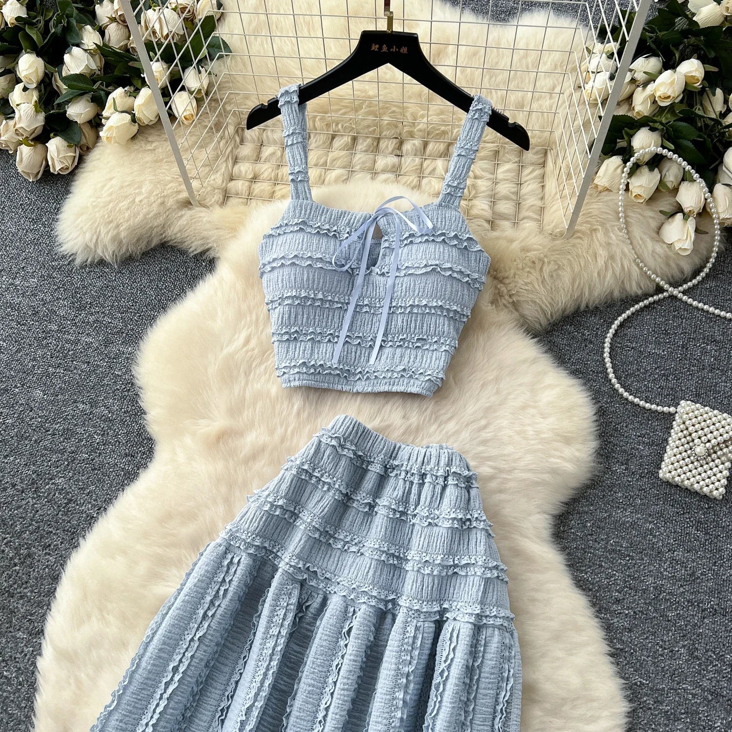 Summer Vacation 2pcs Set Women Lace Up Square Collar Crop Top and Ruched Ruffle Skirt Solid Color Gentle Casual Outfit