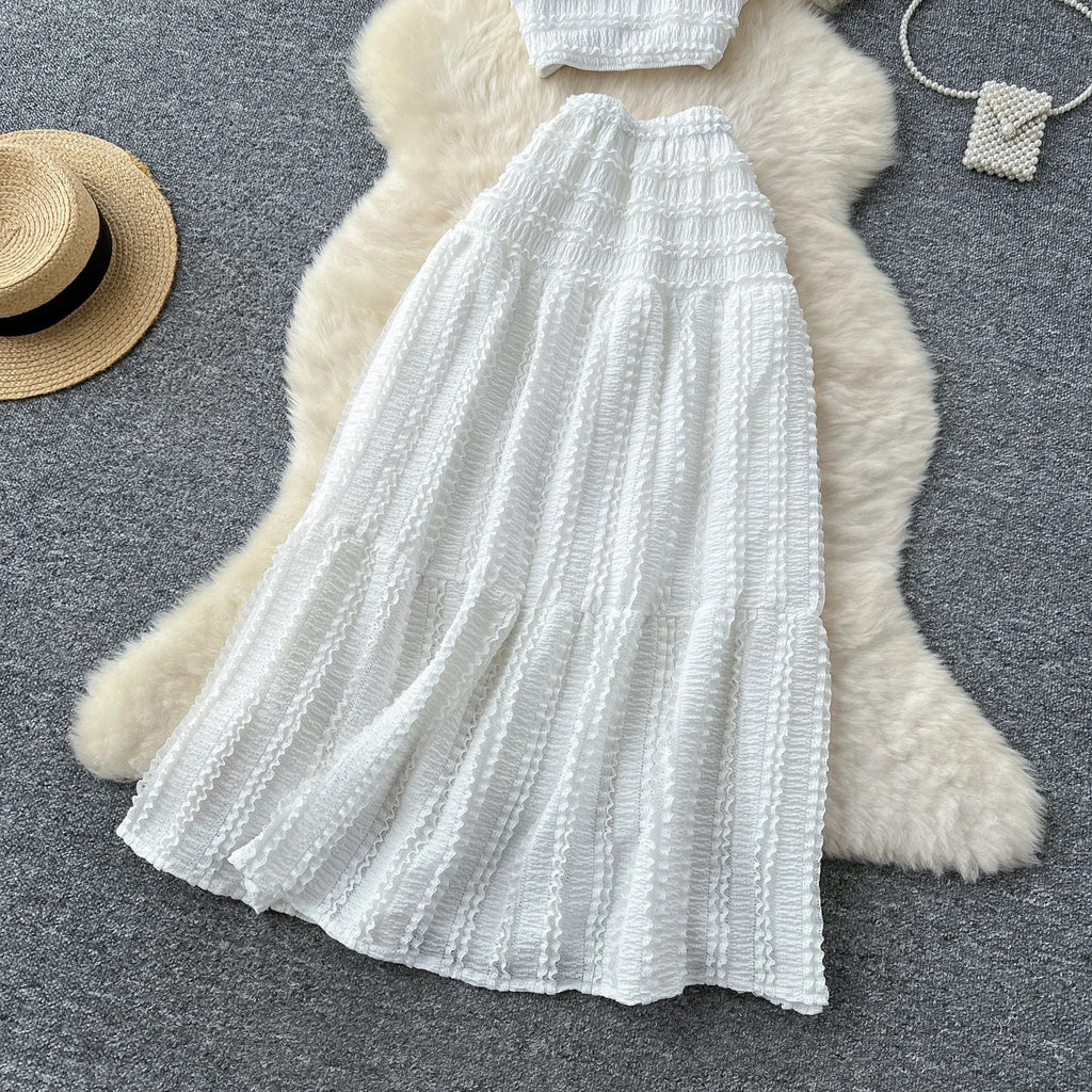 Summer Vacation 2pcs Set Women Lace Up Square Collar Crop Top and Ruched Ruffle Skirt Solid Color Gentle Casual Outfit