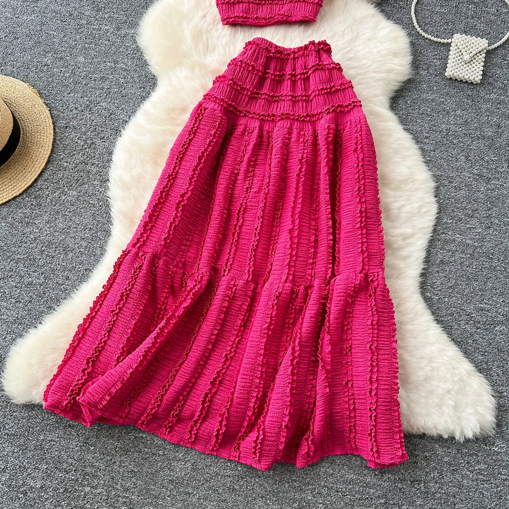 Summer Vacation 2pcs Set Women Lace Up Square Collar Crop Top and Ruched Ruffle Skirt Solid Color Gentle Casual Outfit