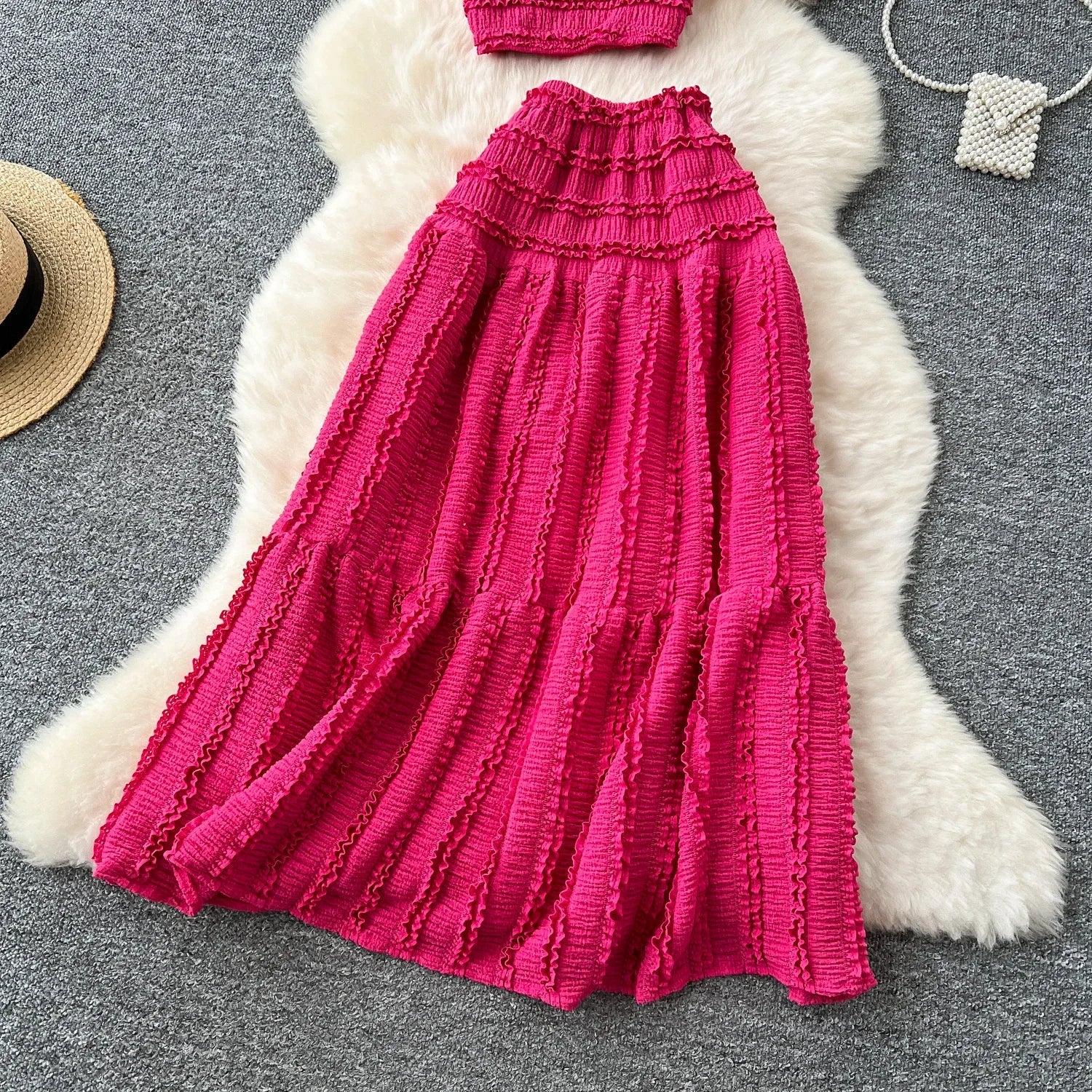 Summer Vacation 2pcs Set Women Lace Up Square Collar Crop Top and Ruched Ruffle Skirt Solid Color Gentle Casual Outfit