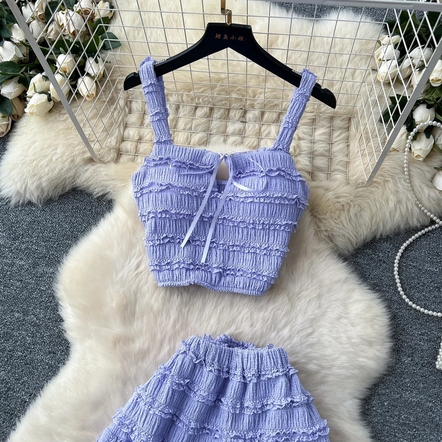 Summer Vacation 2pcs Set Women Lace Up Square Collar Crop Top and Ruched Ruffle Skirt Solid Color Gentle Casual Outfit