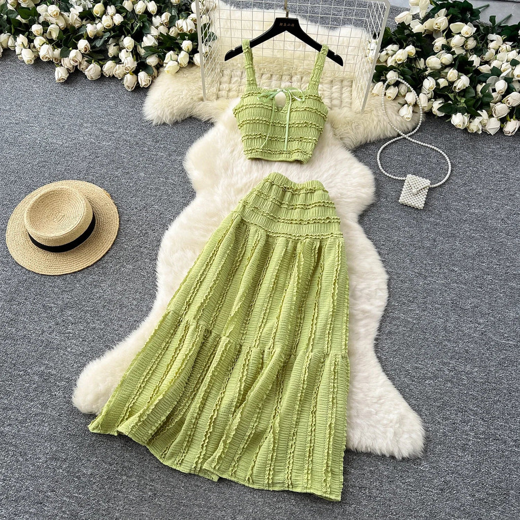 Summer Vacation 2pcs Set Women Lace Up Square Collar Crop Top and Ruched Ruffle Skirt Solid Color Gentle Casual Outfit
