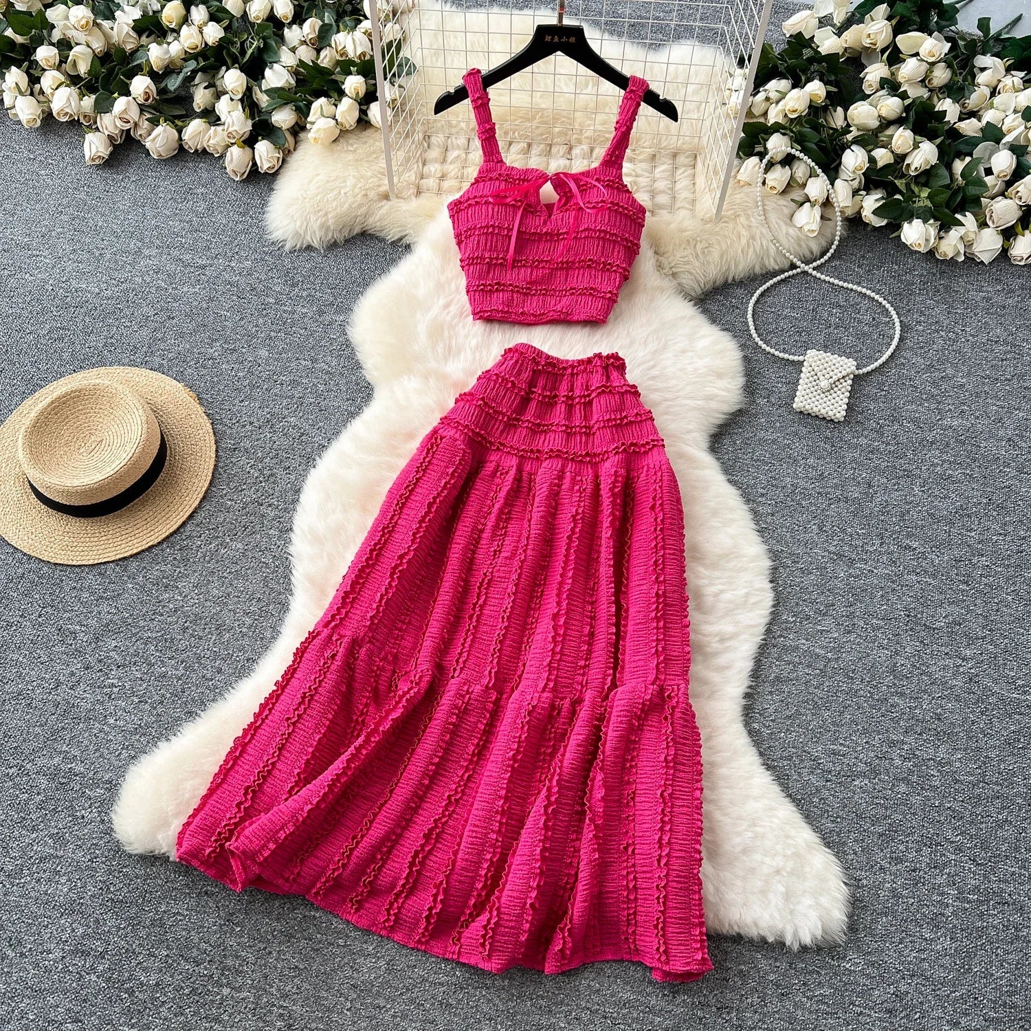 Summer Vacation 2pcs Set Women Lace Up Square Collar Crop Top and Ruched Ruffle Skirt Solid Color Gentle Casual Outfit