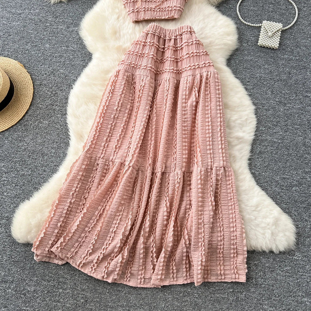 Summer Vacation 2pcs Set Women Lace Up Square Collar Crop Top and Ruched Ruffle Skirt Solid Color Gentle Casual Outfit