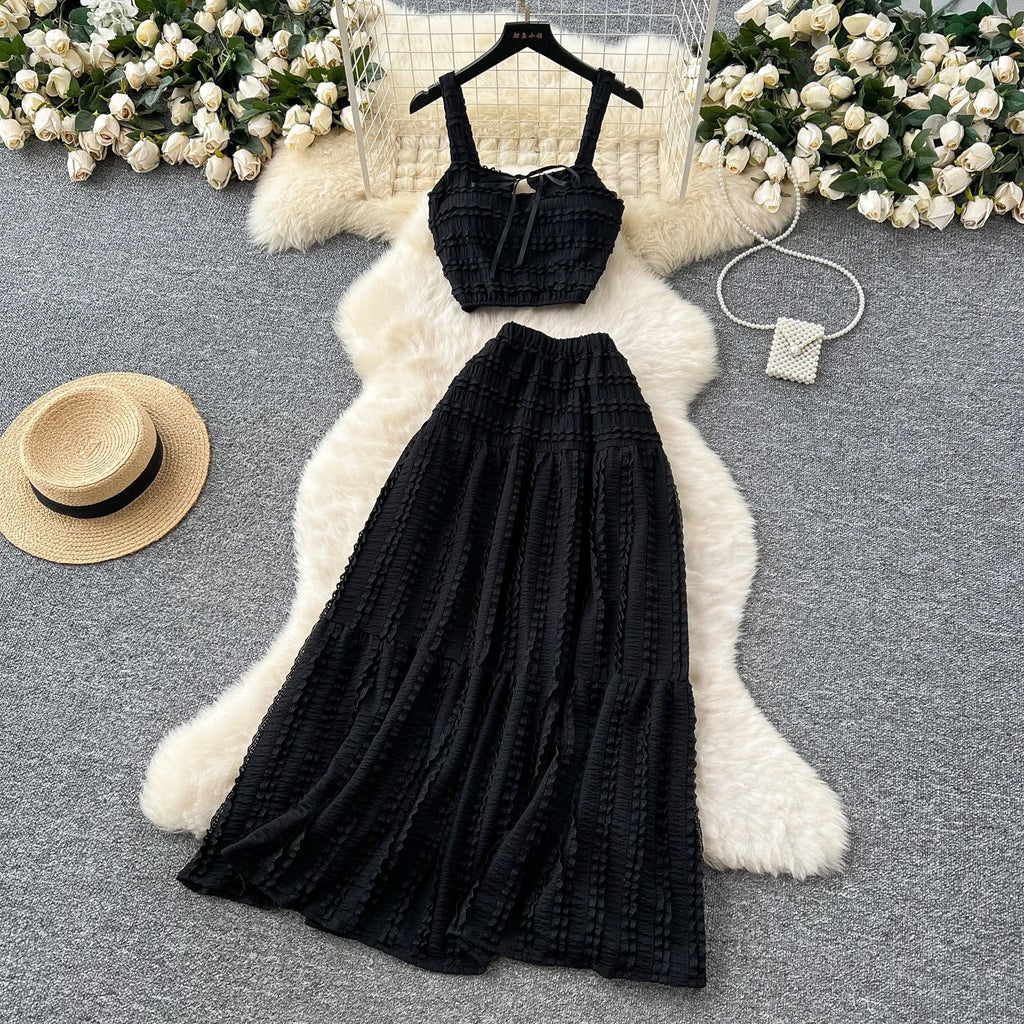 Summer Vacation 2pcs Set Women Lace Up Square Collar Crop Top and Ruched Ruffle Skirt Solid Color Gentle Casual Outfit