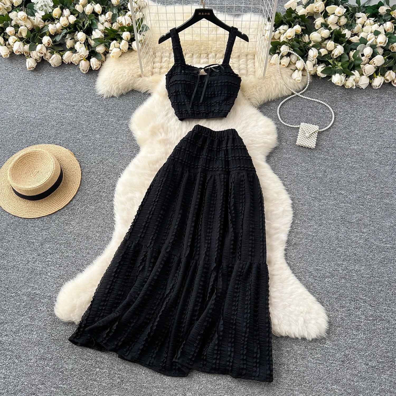 Summer Vacation 2pcs Set Women Lace Up Square Collar Crop Top and Ruched Ruffle Skirt Solid Color Gentle Casual Outfit