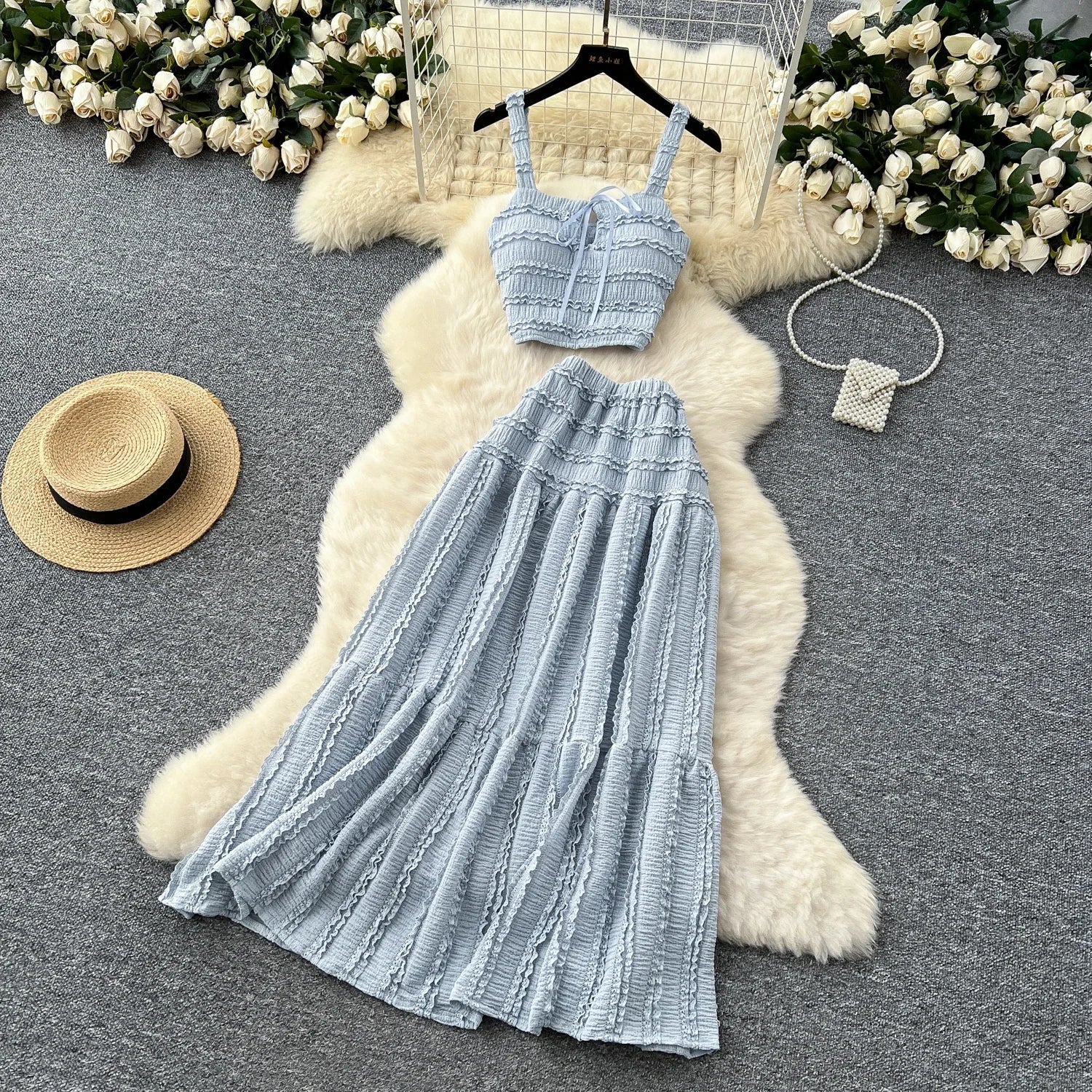 Summer Vacation 2pcs Set Women Lace Up Square Collar Crop Top and Ruched Ruffle Skirt Solid Color Gentle Casual Outfit