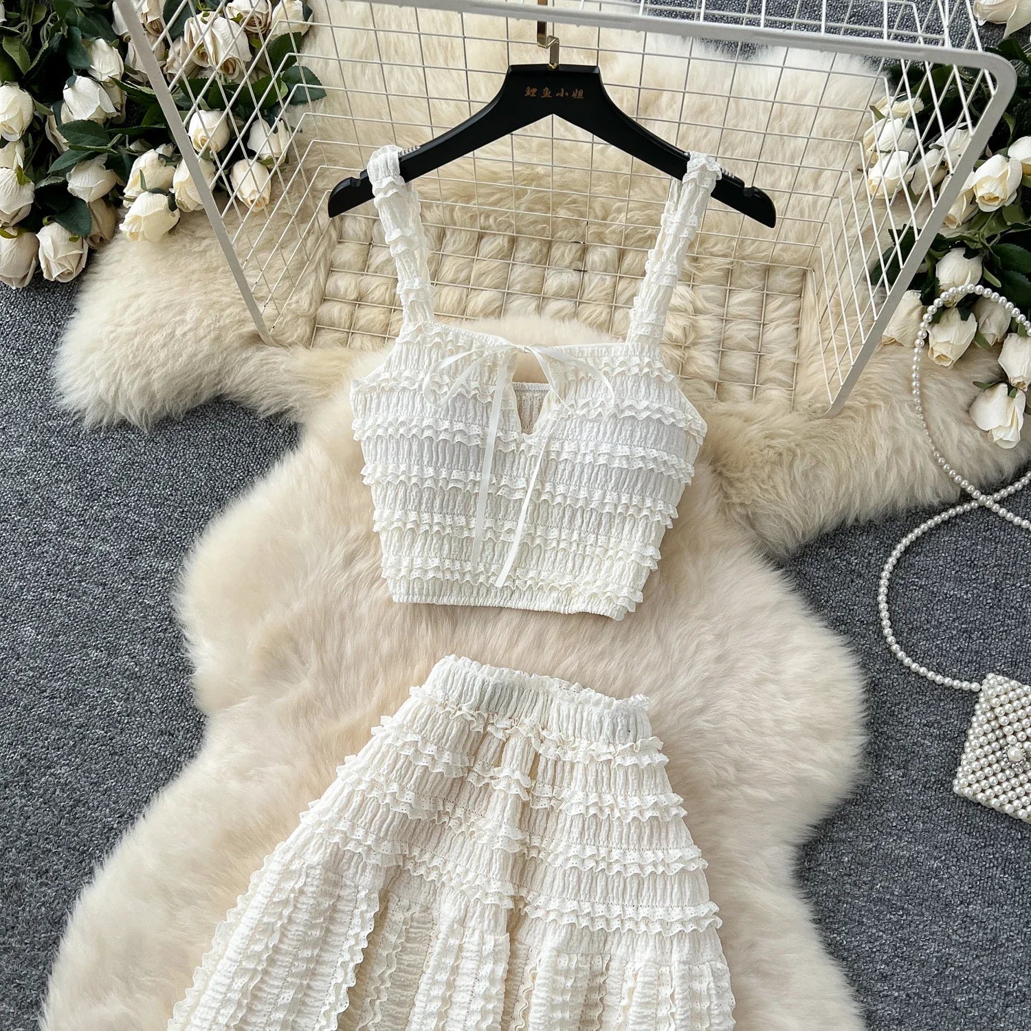 Summer Vacation 2pcs Set Women Lace Up Square Collar Crop Top and Ruched Ruffle Skirt Solid Color Gentle Casual Outfit