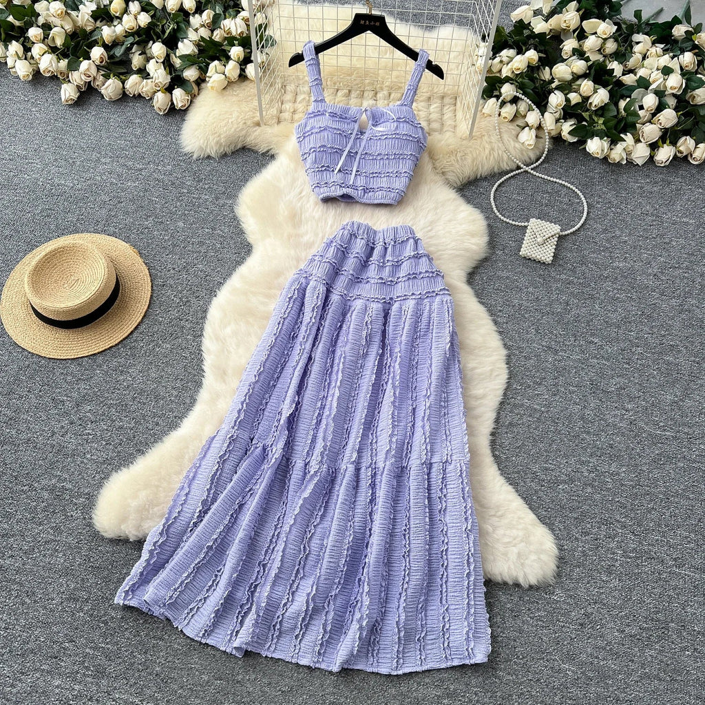 Summer Vacation 2pcs Set Women Lace Up Square Collar Crop Top and Ruched Ruffle Skirt Solid Color Gentle Casual Outfit