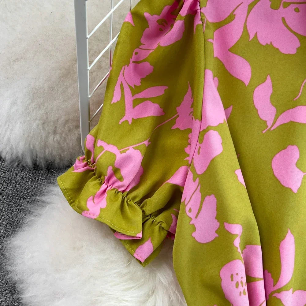 Elegant Summer Vintage Women's Printed Maxi Dress with Turn-Down Collar and Short Sleeves in High Waist A-Line Style