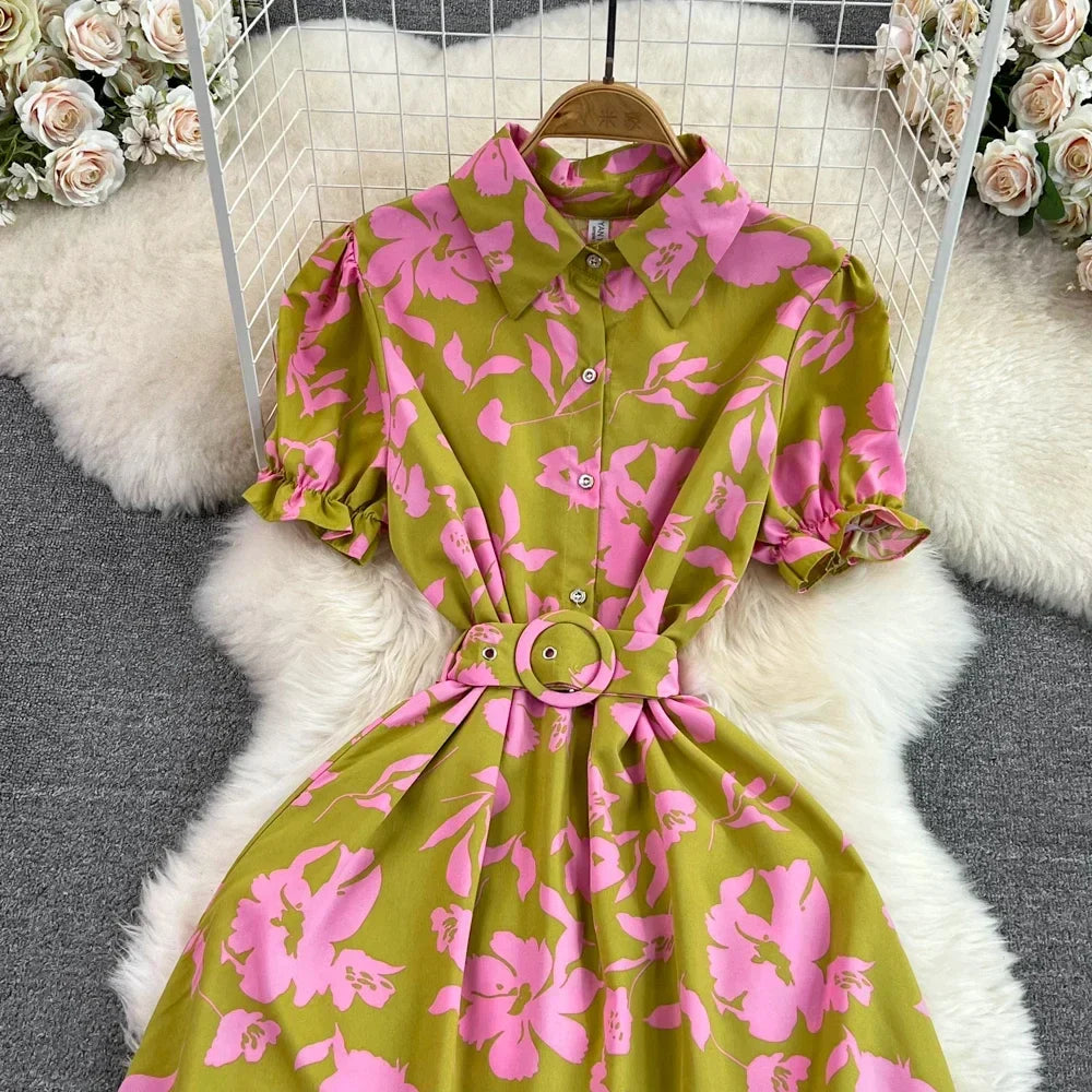 Elegant Summer Vintage Women's Printed Maxi Dress with Turn-Down Collar and Short Sleeves in High Waist A-Line Style