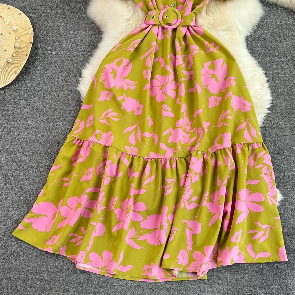 Elegant Summer Vintage Women's Printed Maxi Dress with Turn-Down Collar and Short Sleeves in High Waist A-Line Style