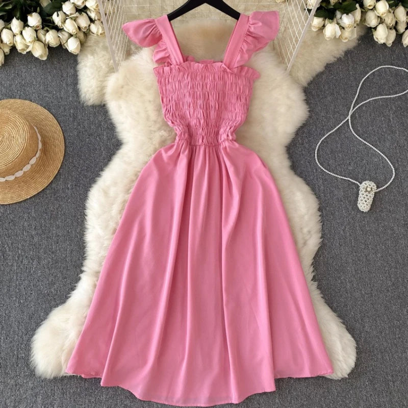 Pleated Sleeveless Mini Dress for Women Casual Party Vacation Solid Streetwear Outfits