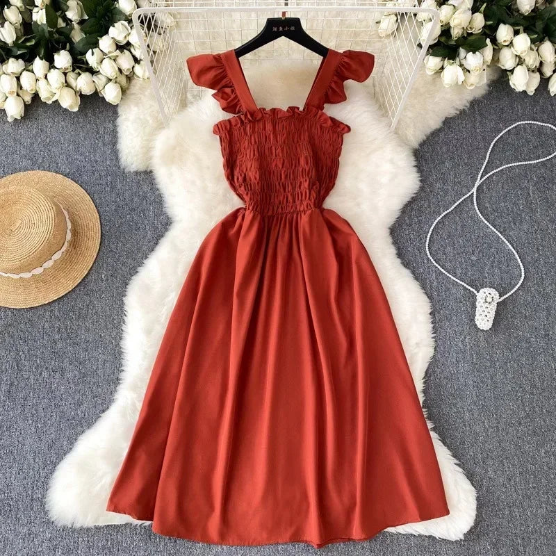 Pleated Sleeveless Mini Dress for Women Casual Party Vacation Solid Streetwear Outfits