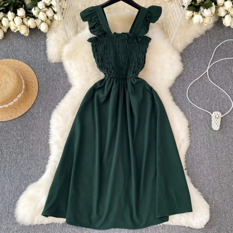 Pleated Sleeveless Mini Dress for Women Casual Party Vacation Solid Streetwear Outfits