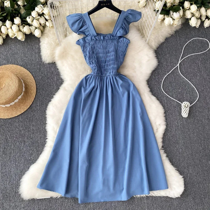 Pleated Sleeveless Mini Dress for Women Casual Party Vacation Solid Streetwear Outfits