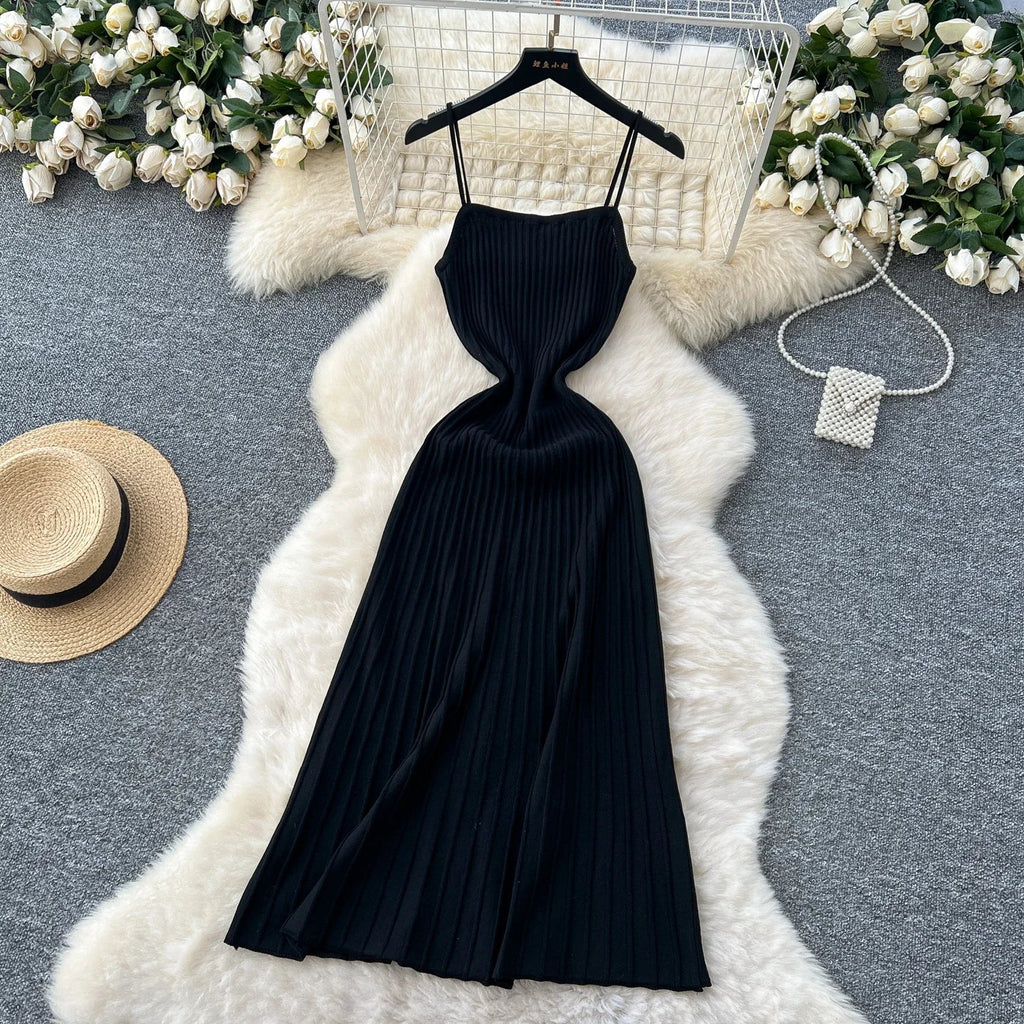Elegant Knitted Pleated Long Dress with High Waist Midi Design Sleeveless Yellow and Black Bodycon Style for Women Streetwear