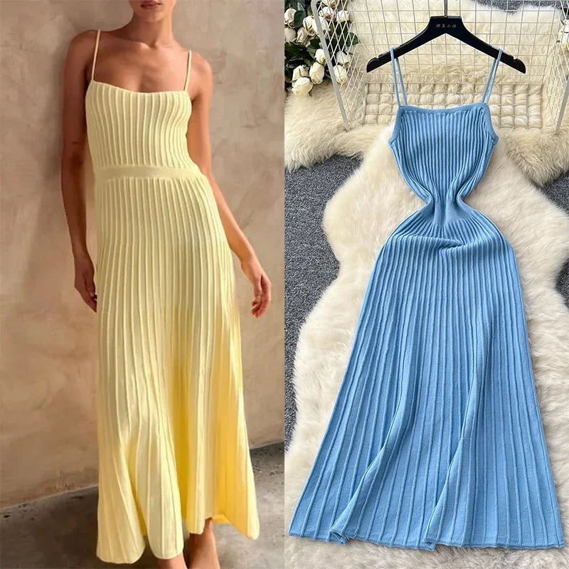 Elegant Knitted Pleated Long Dress with High Waist Midi Design Sleeveless Yellow and Black Bodycon Style for Women Streetwear