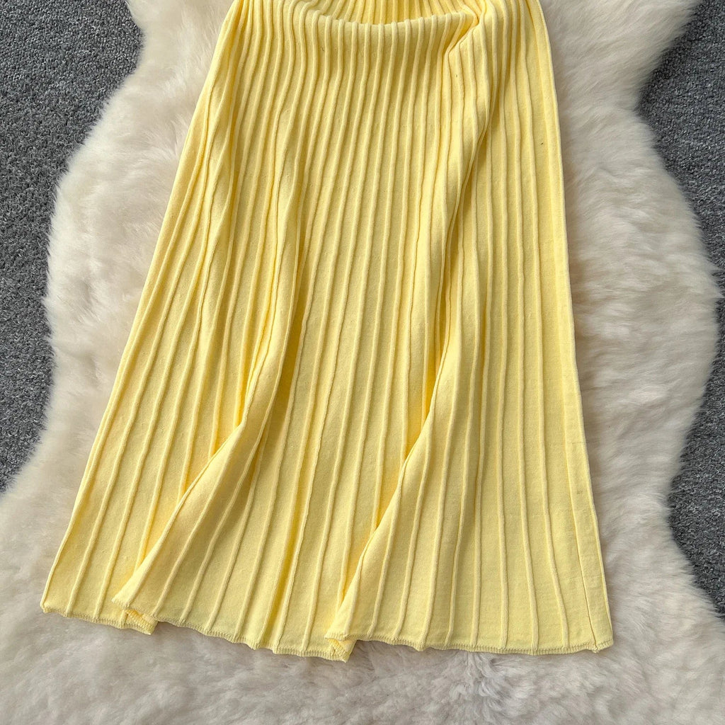 Elegant Knitted Pleated Long Dress with High Waist Midi Design Sleeveless Yellow and Black Bodycon Style for Women Streetwear