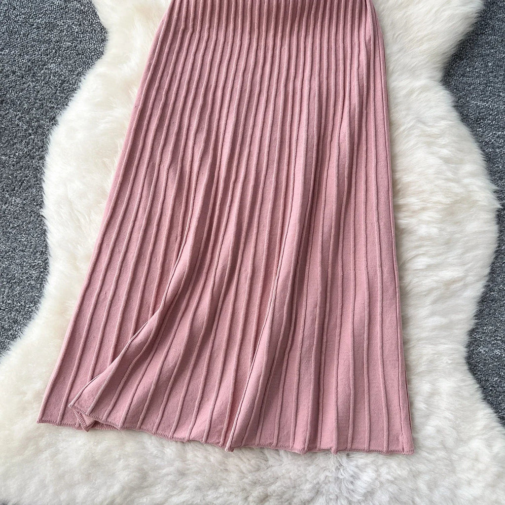 Elegant Knitted Pleated Long Dress with High Waist Midi Design Sleeveless Yellow and Black Bodycon Style for Women Streetwear