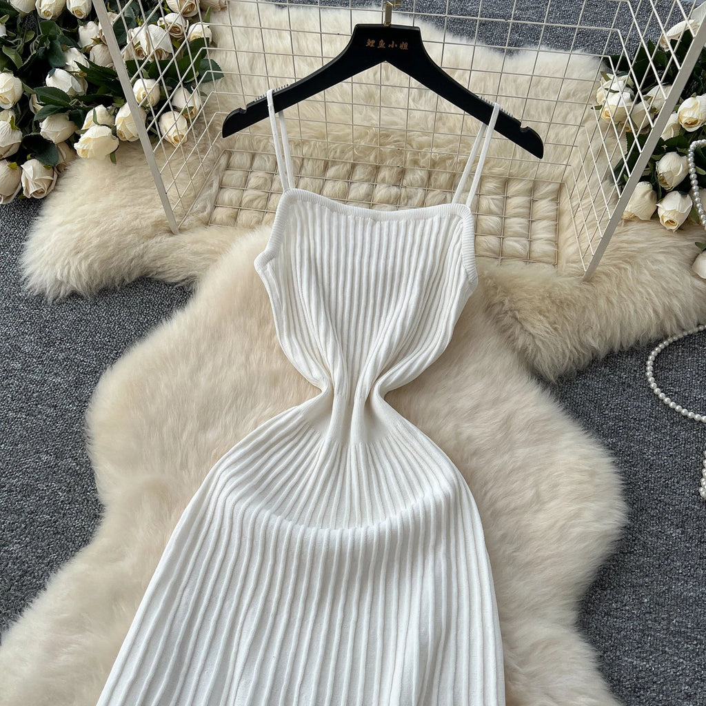 Elegant Knitted Pleated Long Dress with High Waist Midi Design Sleeveless Yellow and Black Bodycon Style for Women Streetwear