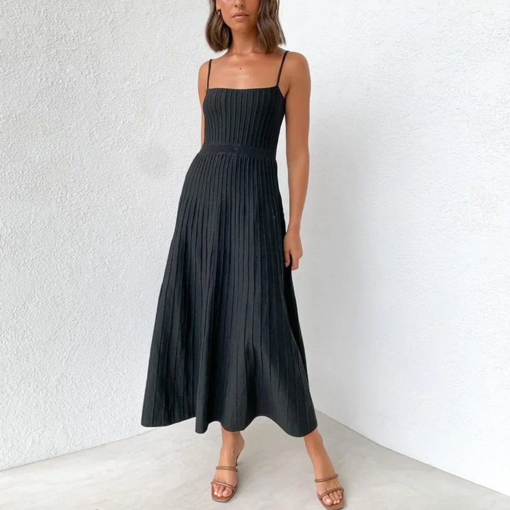 Elegant Knitted Pleated Long Dress with High Waist Midi Design Sleeveless Yellow and Black Bodycon Style for Women Streetwear