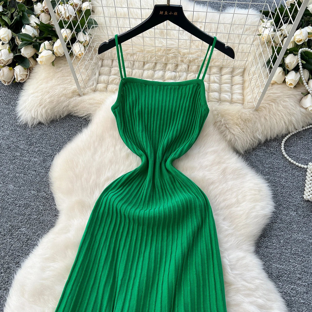 Elegant Knitted Pleated Long Dress with High Waist Midi Design Sleeveless Yellow and Black Bodycon Style for Women Streetwear
