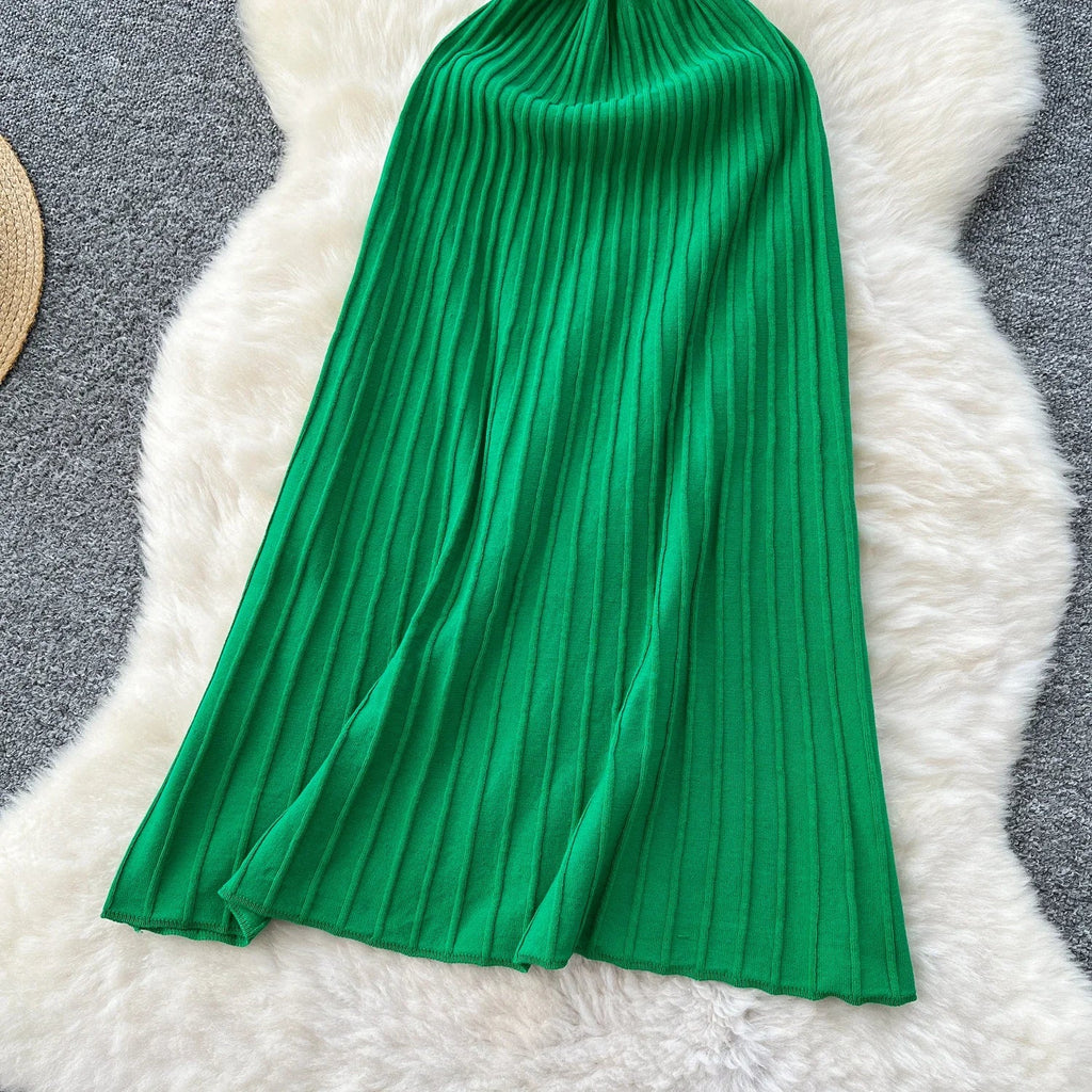 Elegant Knitted Pleated Long Dress with High Waist Midi Design Sleeveless Yellow and Black Bodycon Style for Women Streetwear