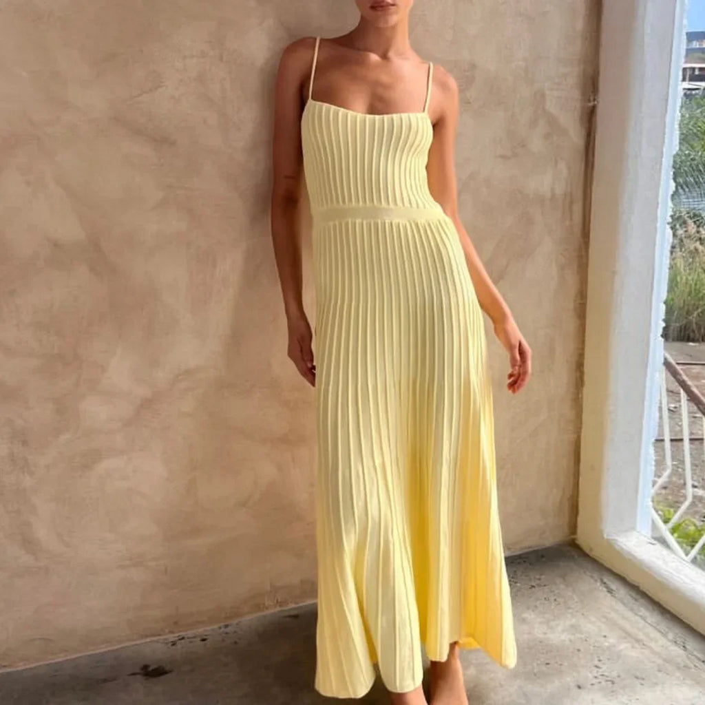 Elegant Knitted Pleated Long Dress with High Waist Midi Design Sleeveless Yellow and Black Bodycon Style for Women Streetwear