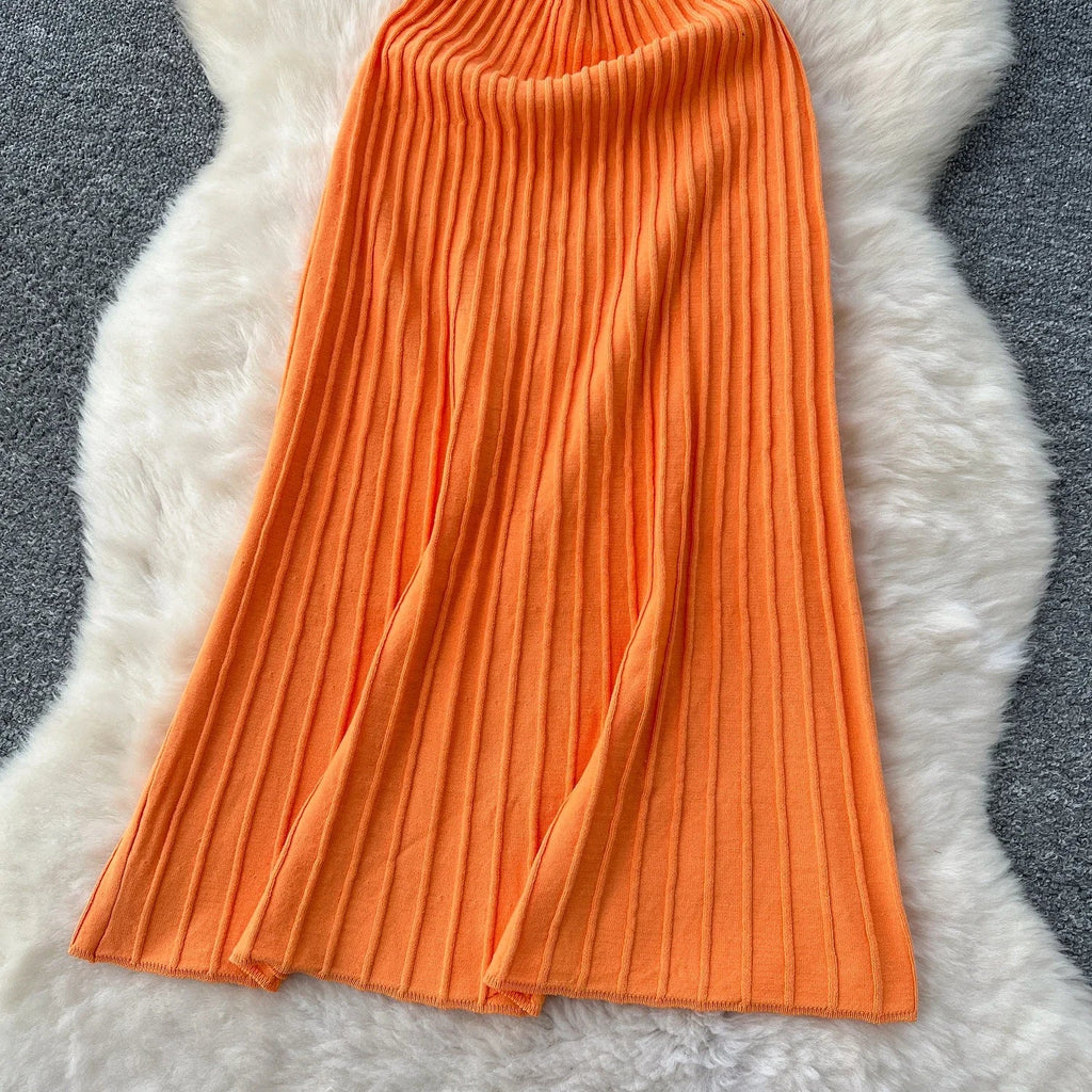 Elegant Knitted Pleated Long Dress with High Waist Midi Design Sleeveless Yellow and Black Bodycon Style for Women Streetwear