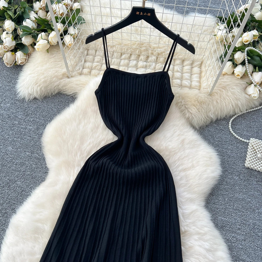 Elegant Knitted Pleated Long Dress with High Waist Midi Design Sleeveless Yellow and Black Bodycon Style for Women Streetwear