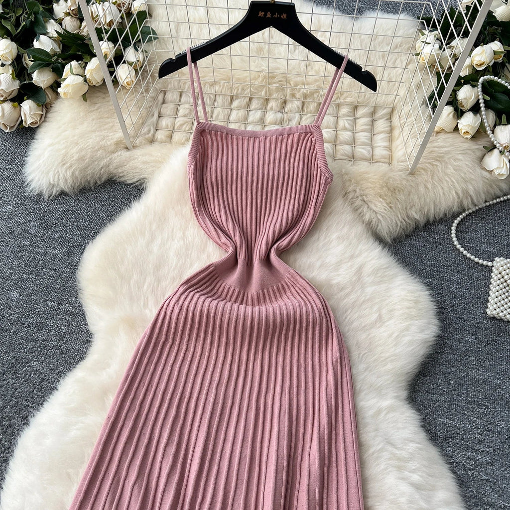 Elegant Knitted Pleated Long Dress with High Waist Midi Design Sleeveless Yellow and Black Bodycon Style for Women Streetwear